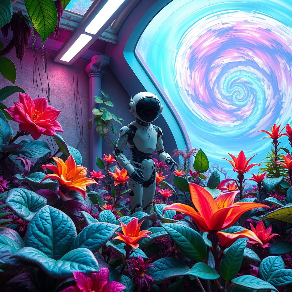 Surreal Futuristic Greenhouse Blooms with Alien Plants and S...