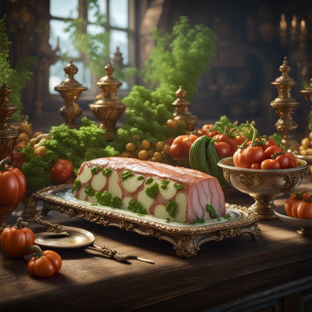 Rococo Vegetable Terrine in 3D Game Cinematic Style