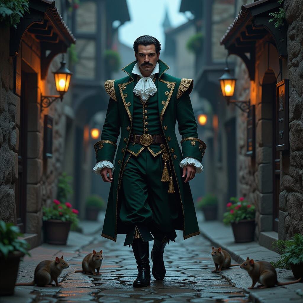 Gentleman in Dark Medieval Alley: Detailed Fantasy Art