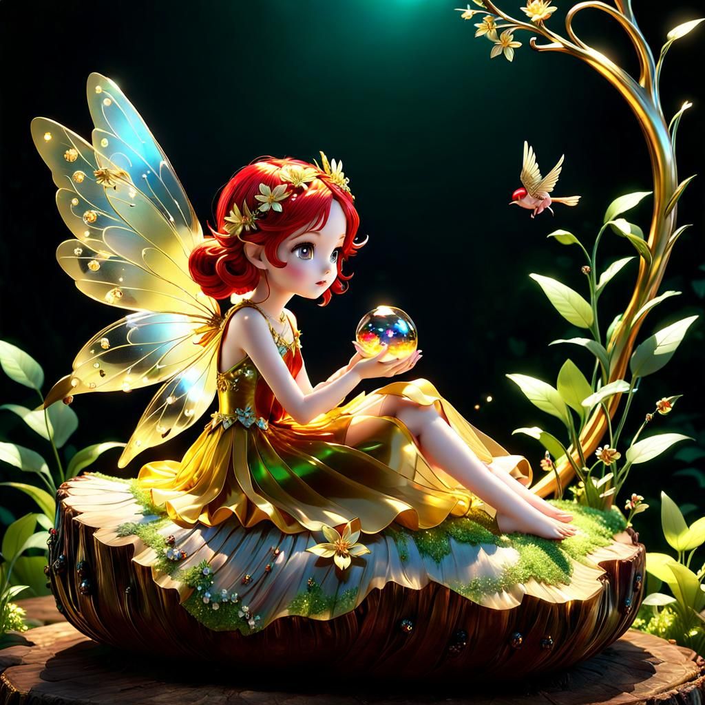 Glass Fairy Watching Hatching Bird: 3D Anime Art