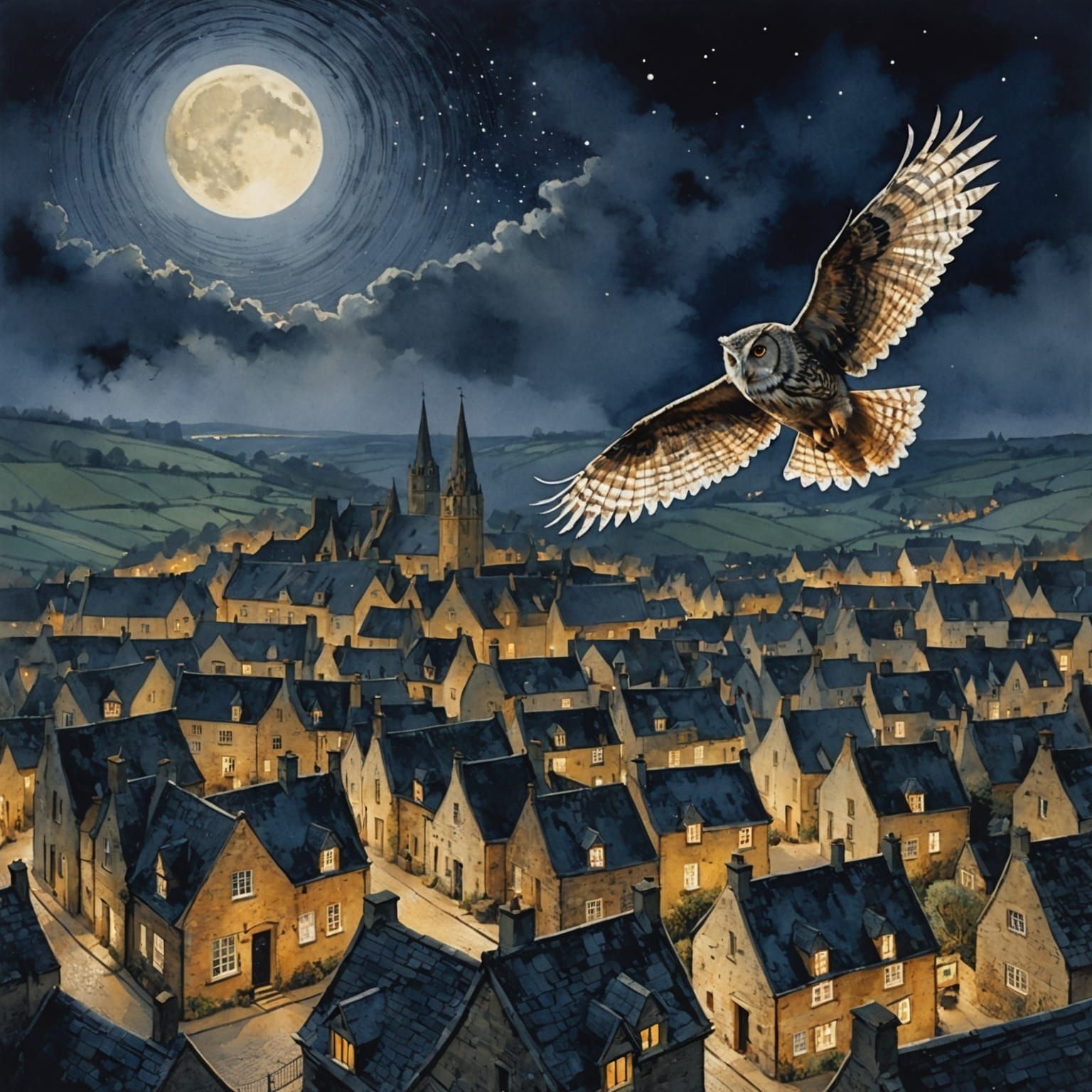 Owl Flying Over Cotswold Village at Night
