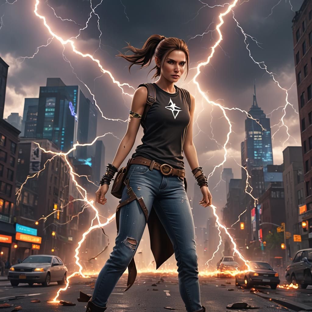 Witch Casting Lightning in New York, Digital Art