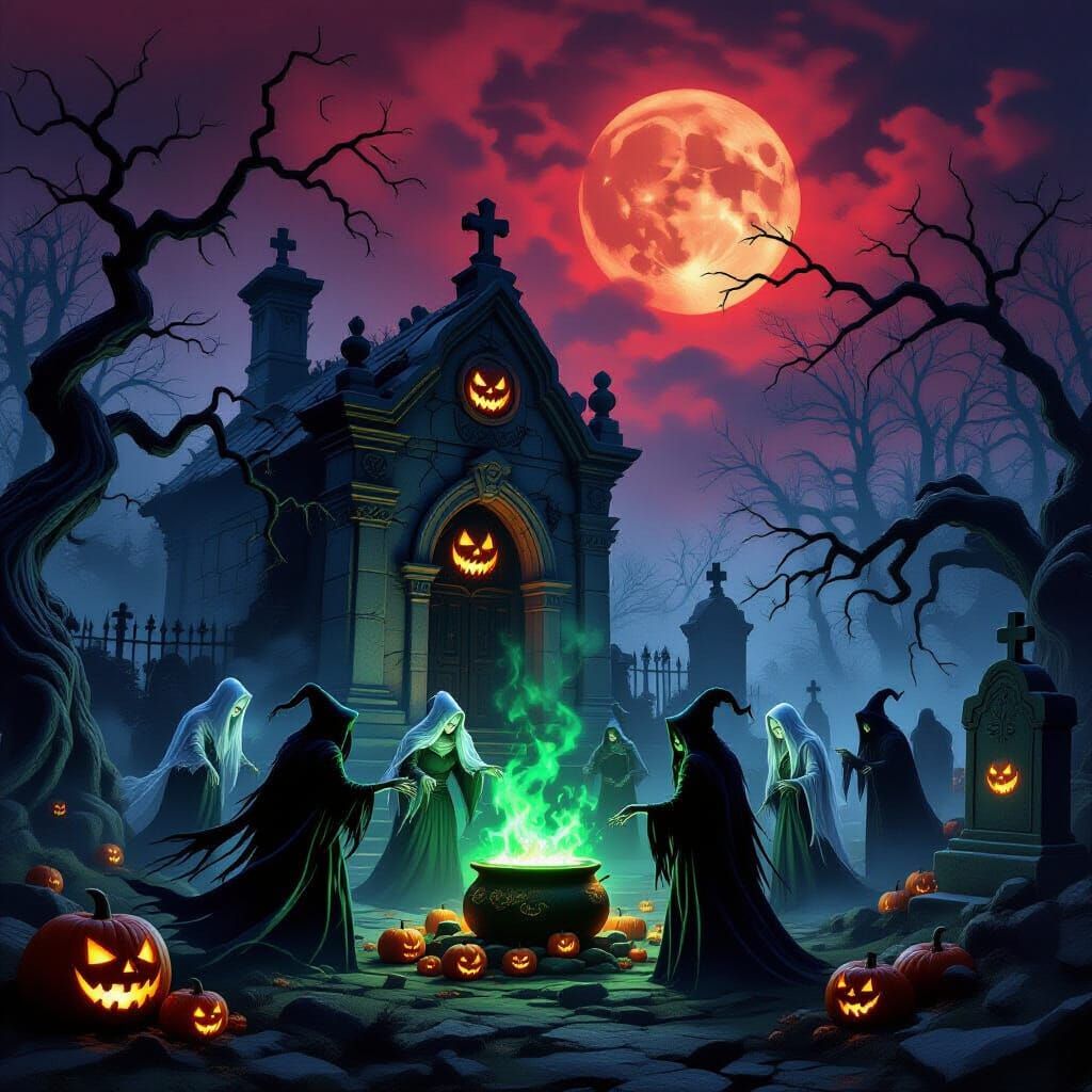 Haunting Halloween Graveyard Scene with Witches