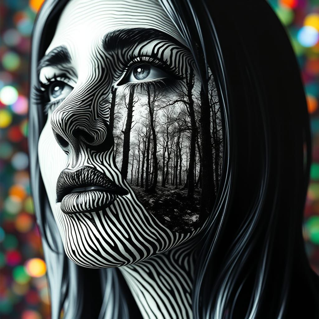 Psychedelic Portrait with Hidden Forest, Op Art Style