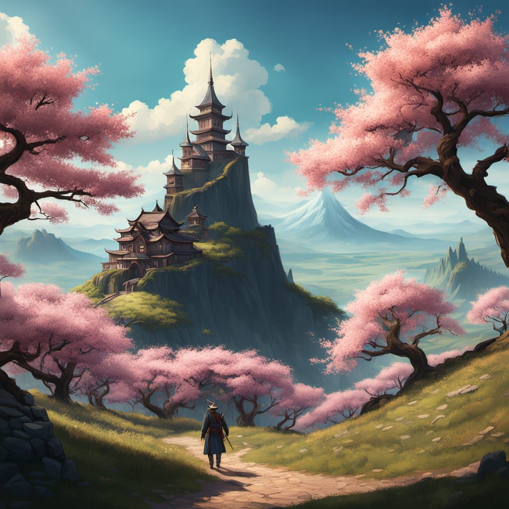 Lone Traveler in Blossoming Cherry Landscape