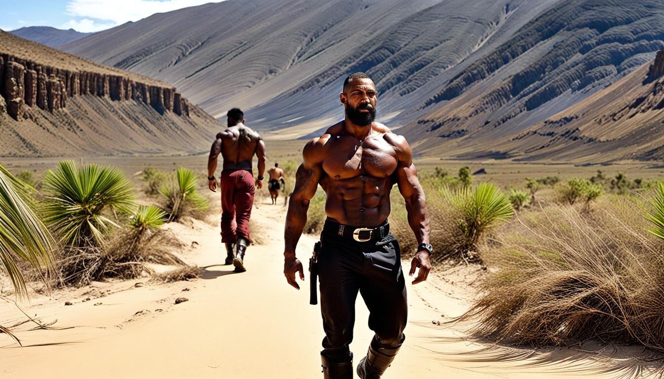 Muscular Men Emerge into Desolate Wasteland: Detailed Painti...