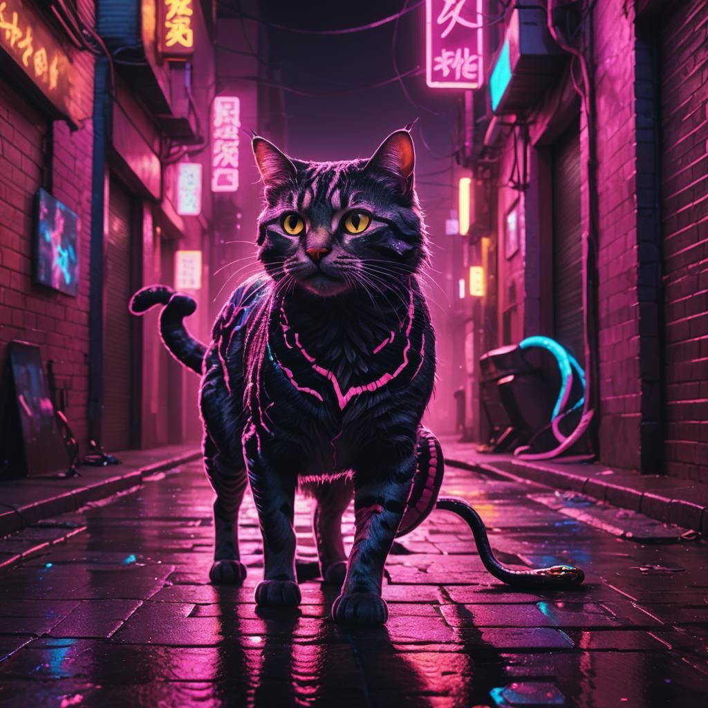 Synthwave Cat-Snake in Neon Cityscape