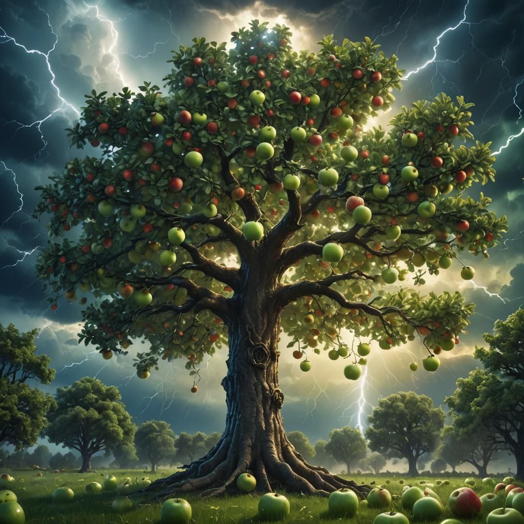 Glowing Apple Tree and Distant Thunderstorm