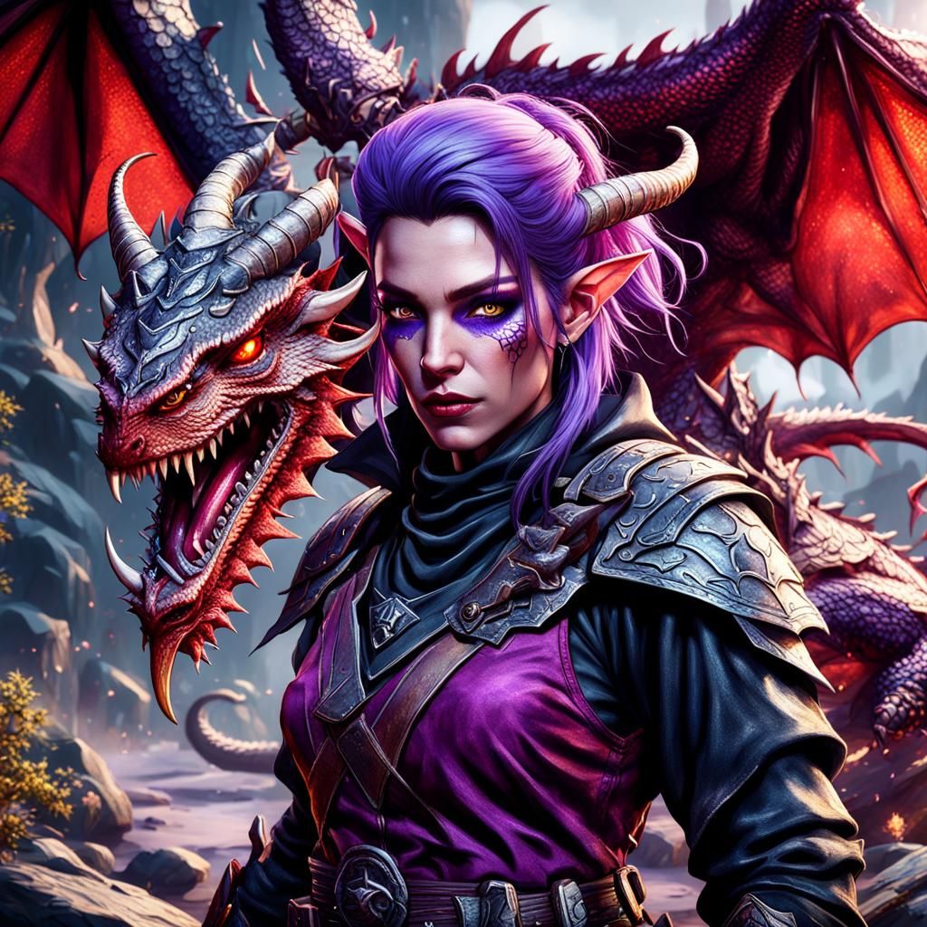 Tiefling Ranger with Red Dragon, Fantasy Art