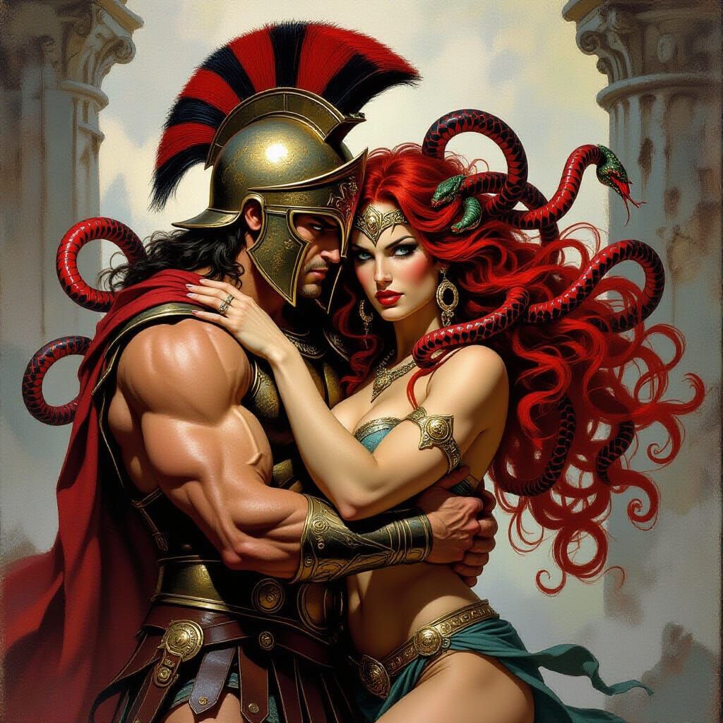 Perseus Embraced by Medusa in Dark Fantasy Style