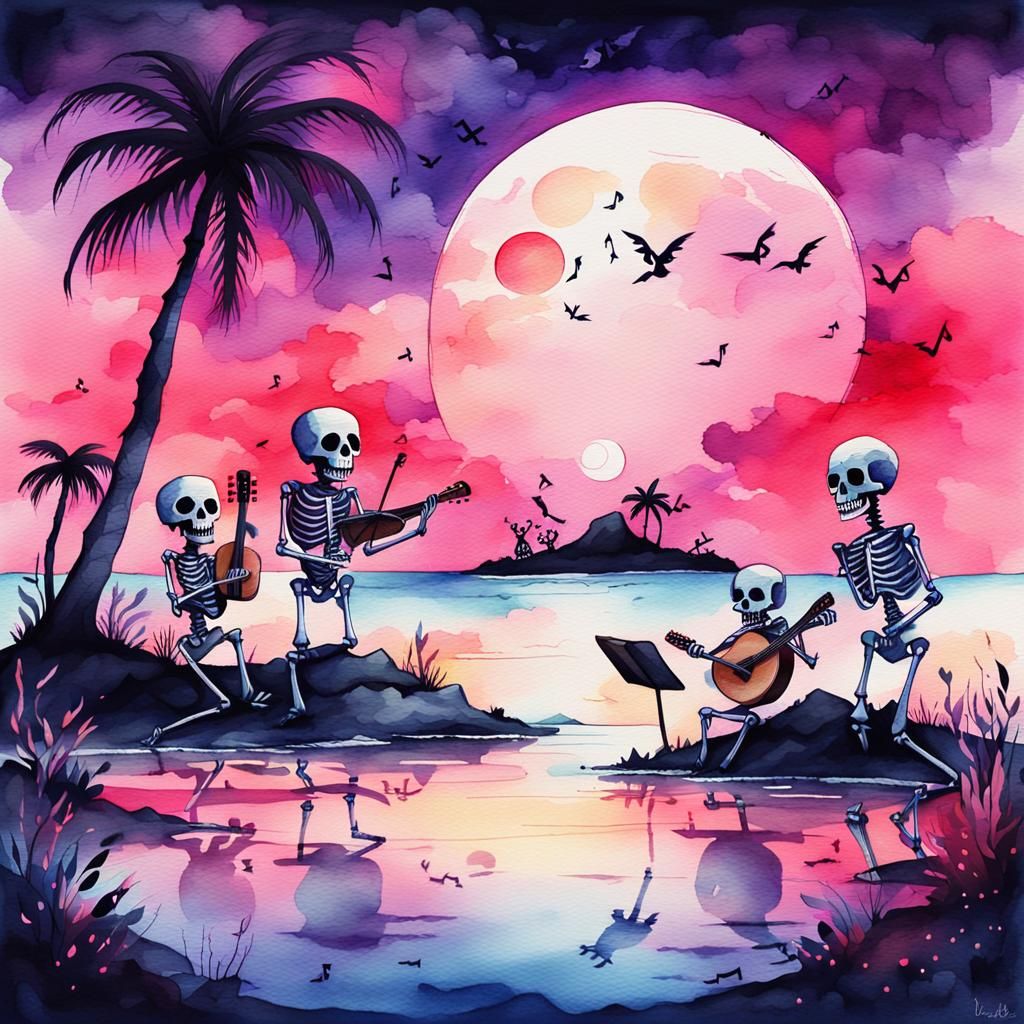 Chibi Skeletons' Tropical Island Concert: Watercolor Art