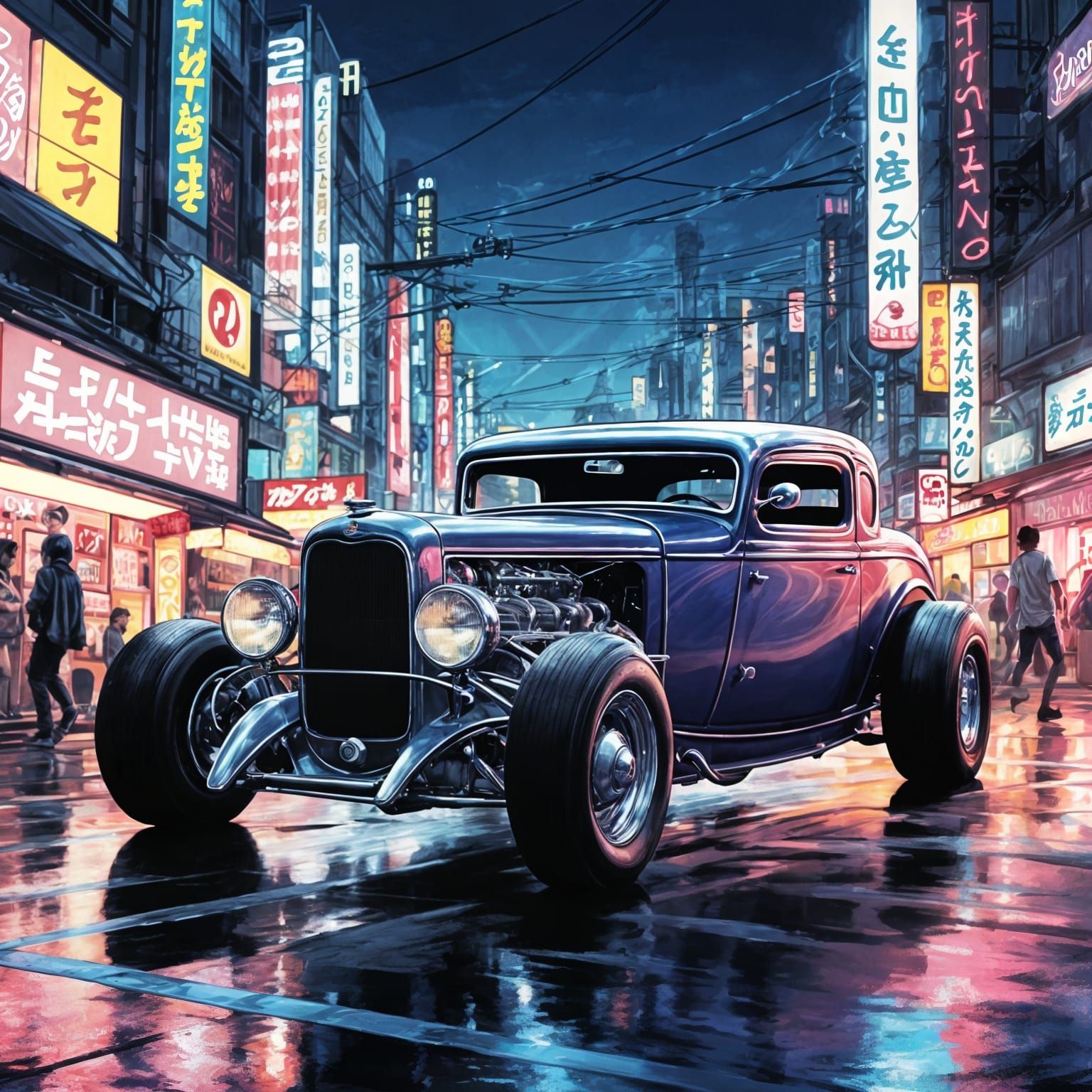 Sleek Hot Rod Speeds Down Neon Tokyo Street in Pop Art Style