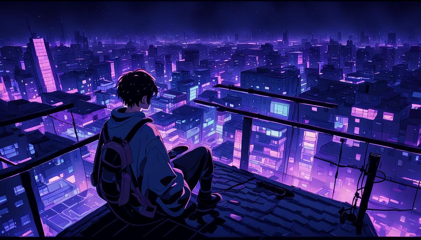 Anime Boy on Rooftop Gazing at City Lights