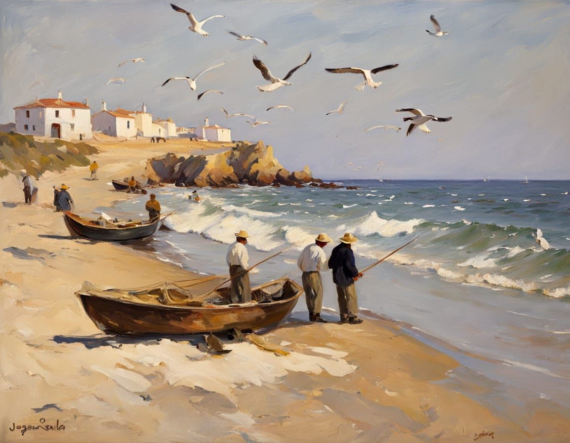 Golden Beach with Wooden Boats in Impressionist Style