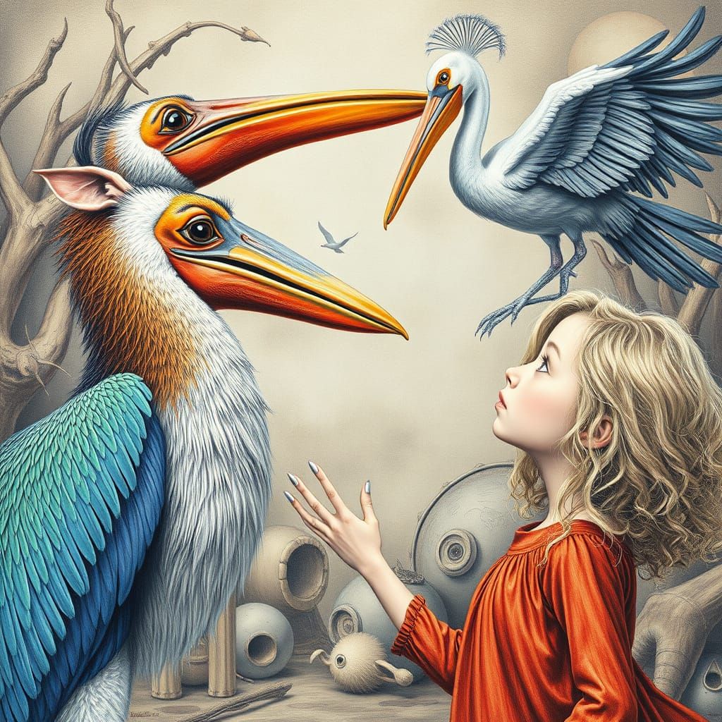 Gigantic Cangoroo and Pelican in Whimsical Dürer-Inspired Sc...