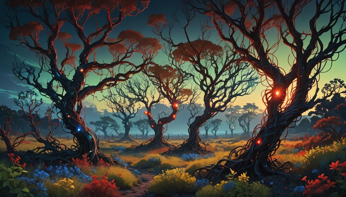 Dreamlike Techno-Organic Dawn Landscape