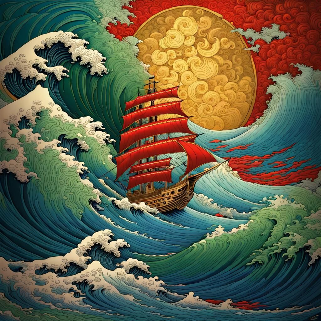 Gold Filigree Seascape in Hokusai Style