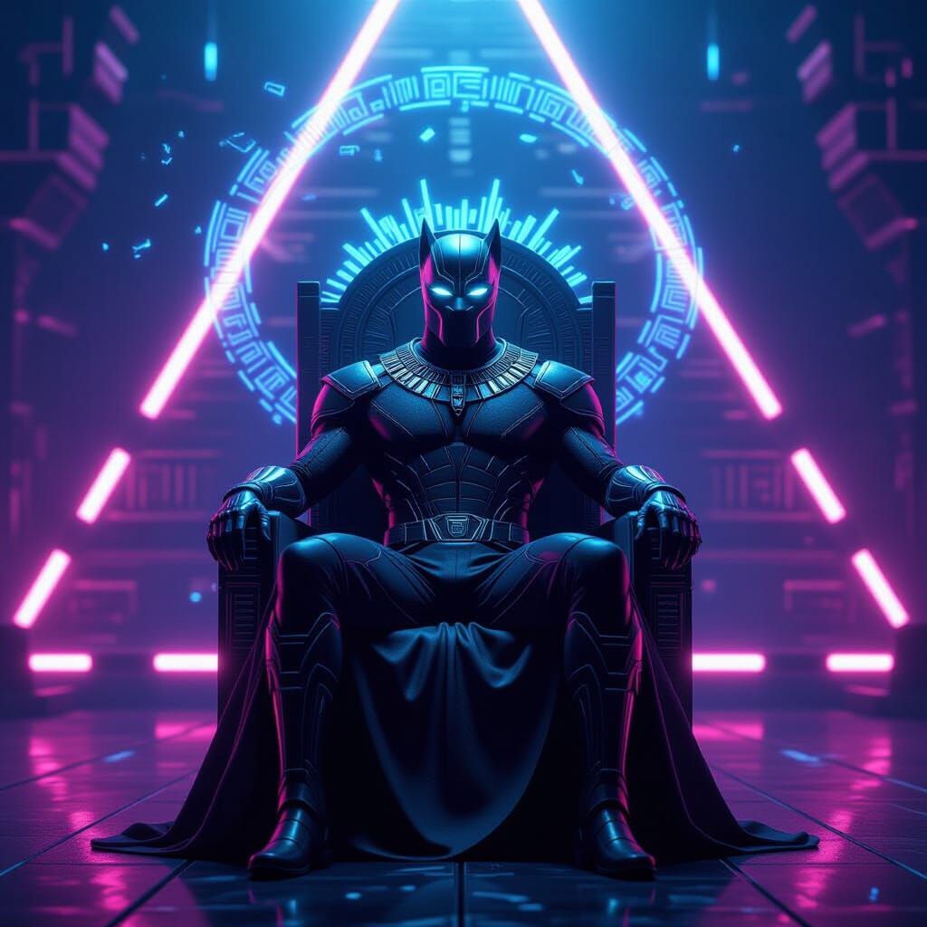 Cyberpunk Black Panther on Levitating Throne in Neon Pyramid
