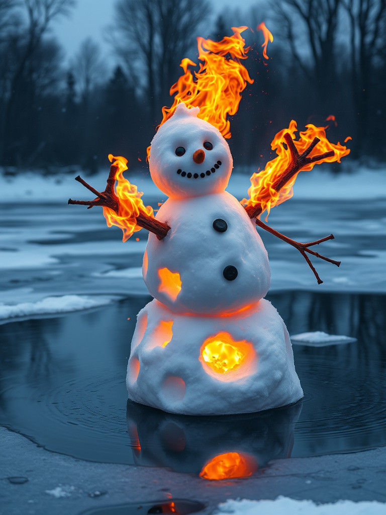 Fiery Snowman Leaps Over Frozen Pond