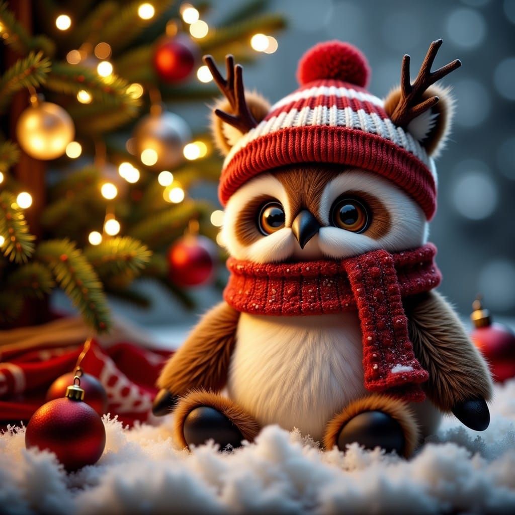 Festive Plush Owlbear near Christmas Tree