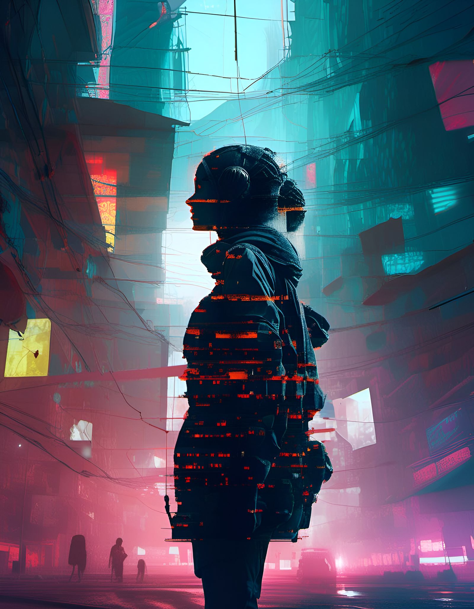 Cyberpunk Mech Silhouette with Quantum Entanglement