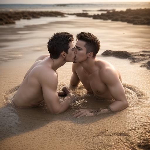 Two Men Kissing While Sinking in Quicksand
