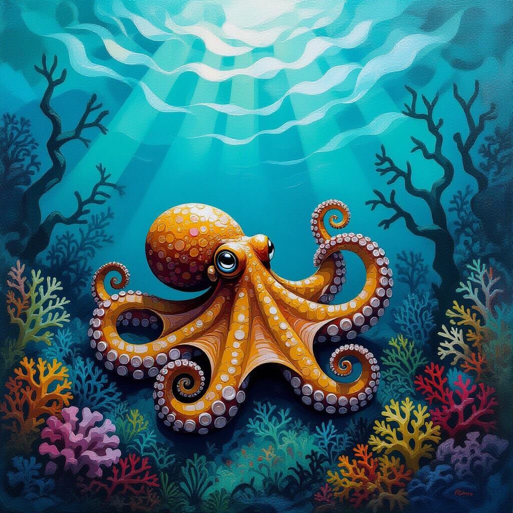 Octopus in Surreal Underwater Expressionist Painting