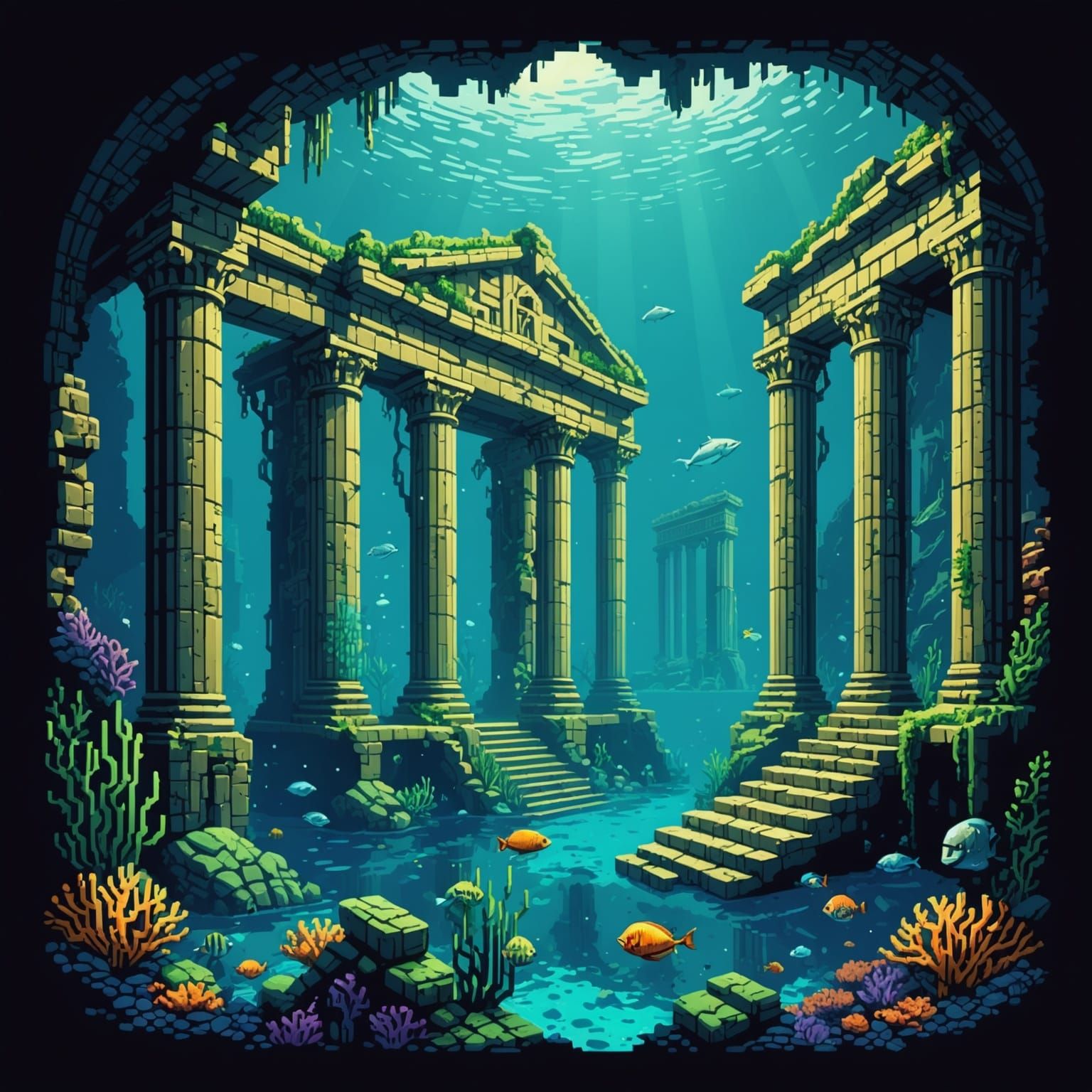 ruins of atlantis underwater, pixel art