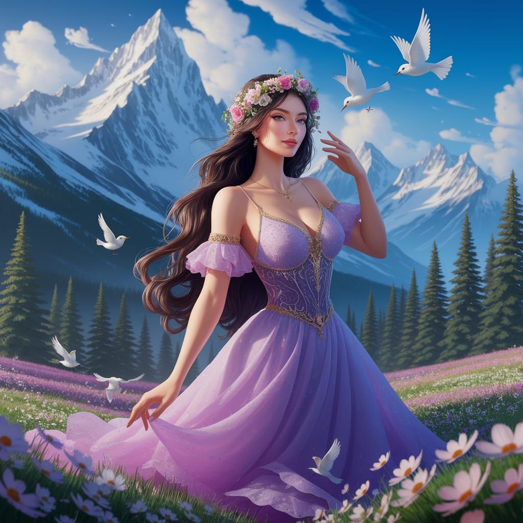 Divine Queen in Enchanted Spring Realm with Flower Crown
