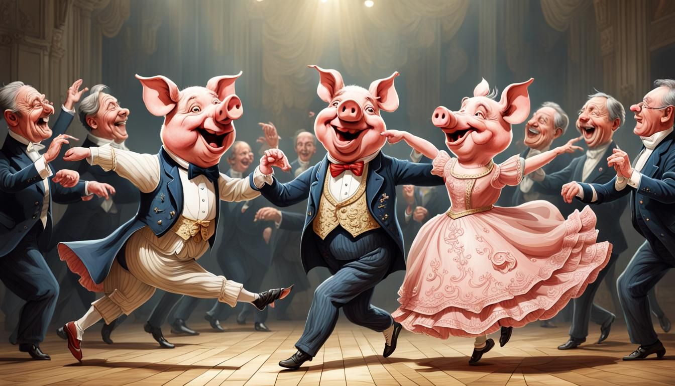 Pigs Dancing Viennese Waltz: Funny Caricature