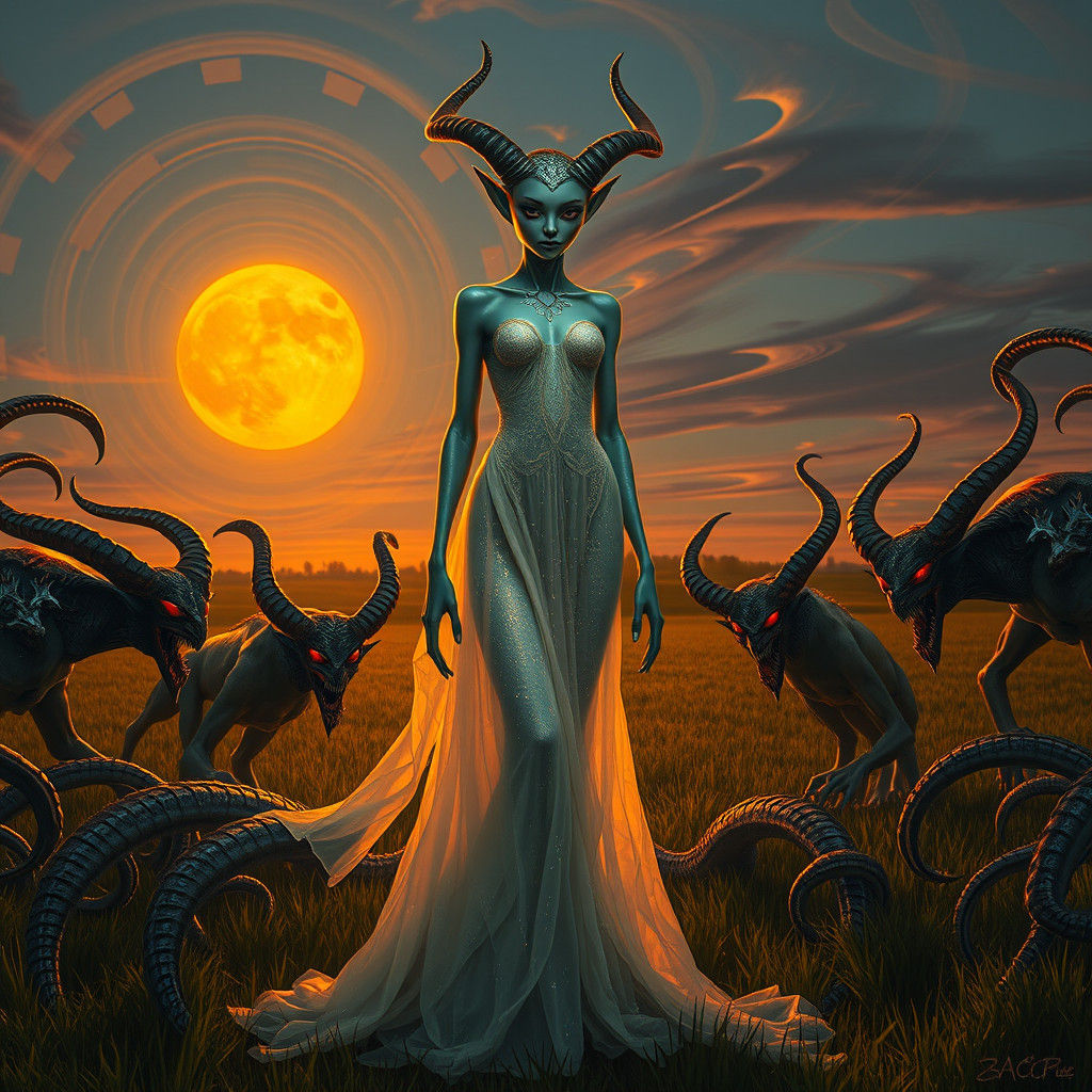 A weird beautiful alien woman with a group of subservient demons ogling her 8K epic Midwest scene