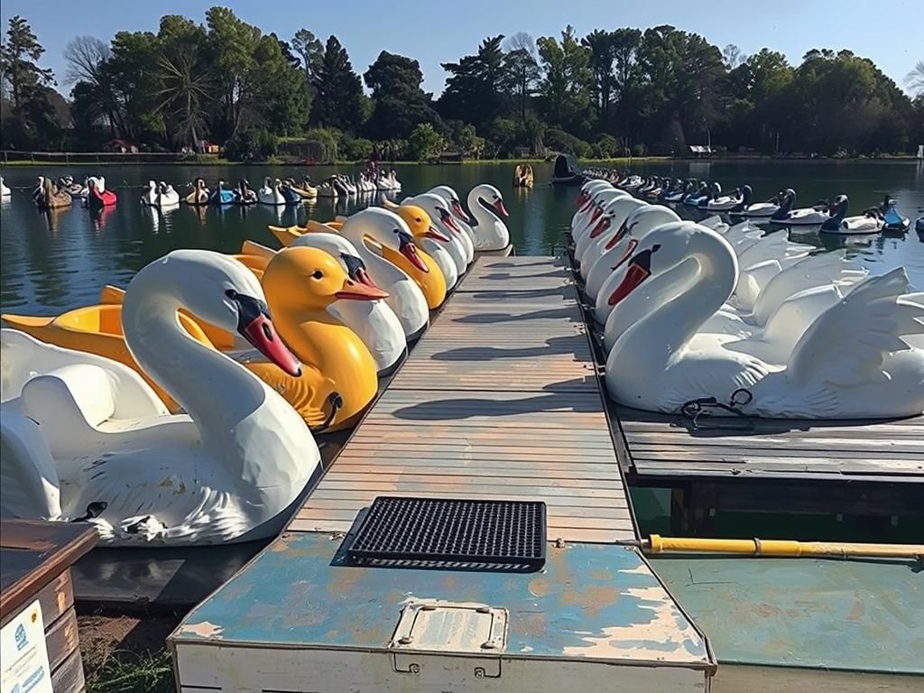 Swan Paddle Boats on Serene Lake as Gouache Painting