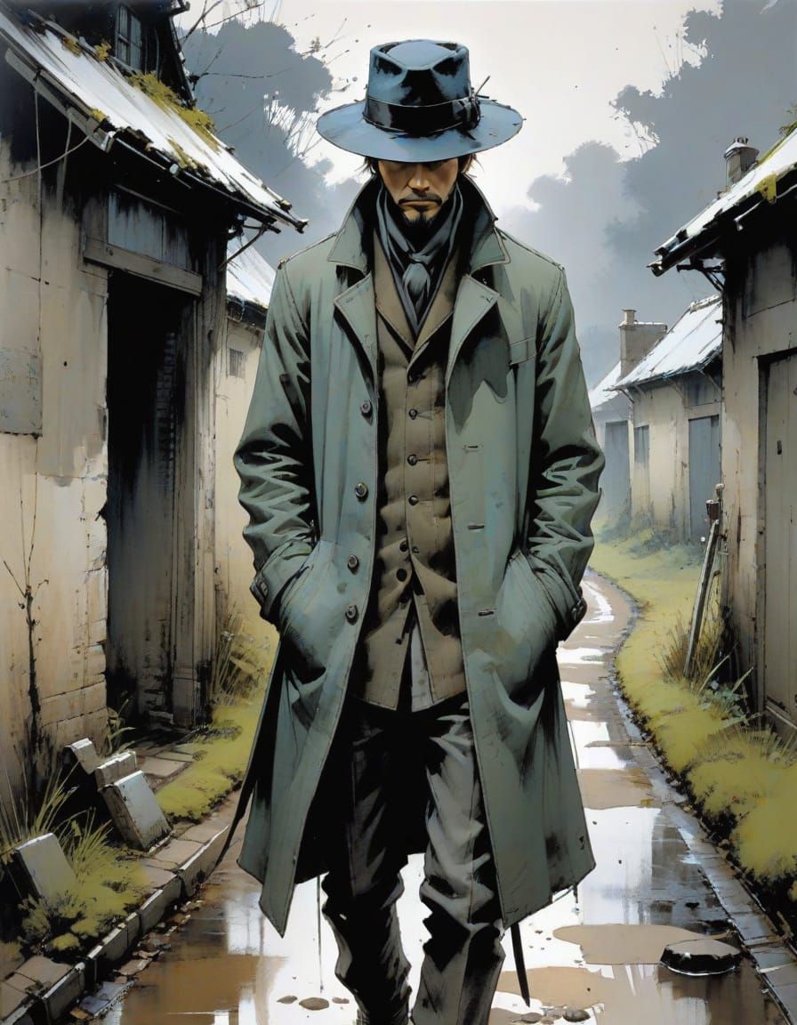 Mysterious Wanderer in Whimsical Countryside