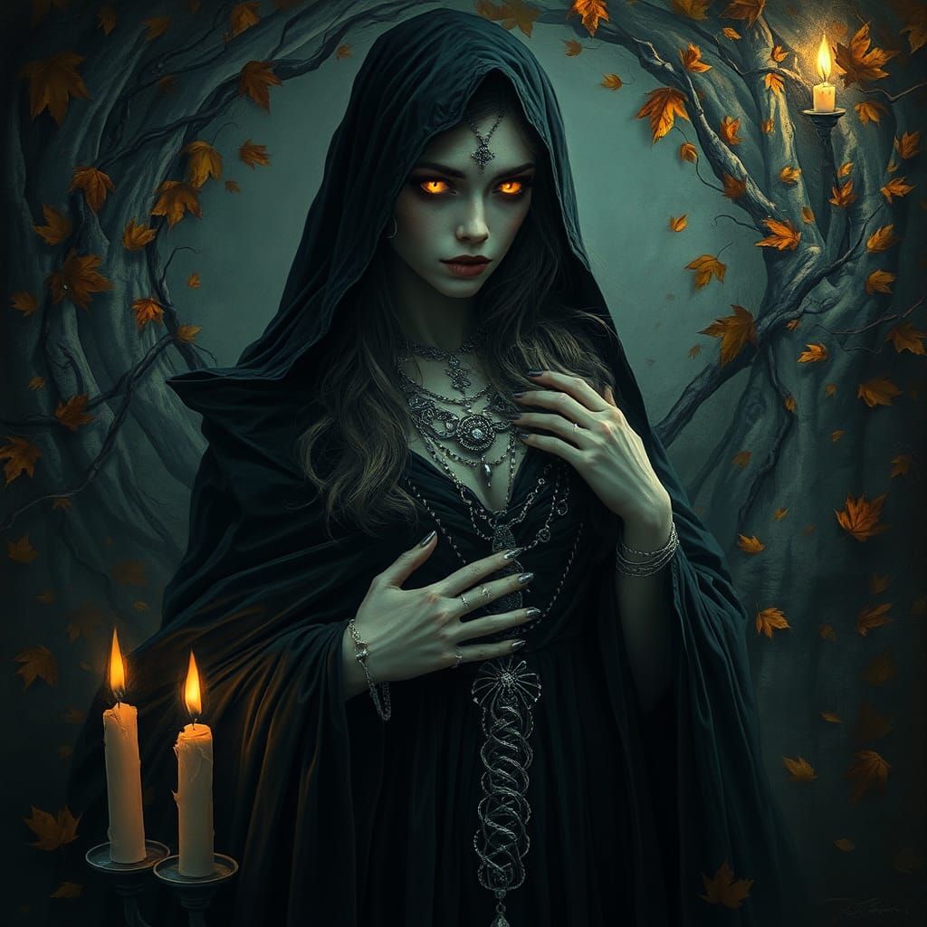 Mystical Woman in Autumnal Vortex, in Dark Fantasy Style