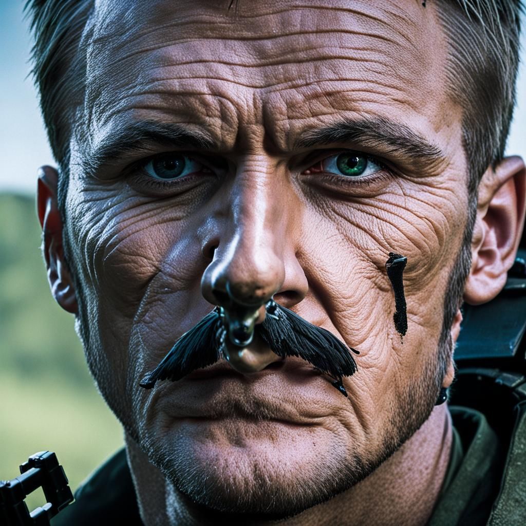 Scarred German Man with AK-47 in War Zone