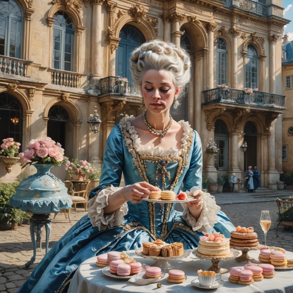 Marie Antoinette Eats Cake: Hyperrealistic Rococo Splash Art