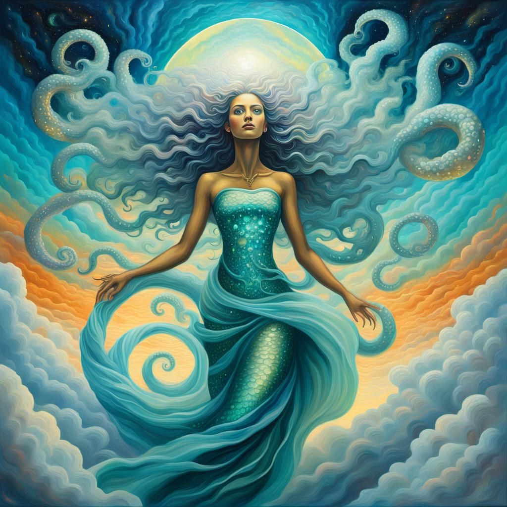 Sci-Fi Siren in Cosmic Clouds: Surrealist Oil Painting