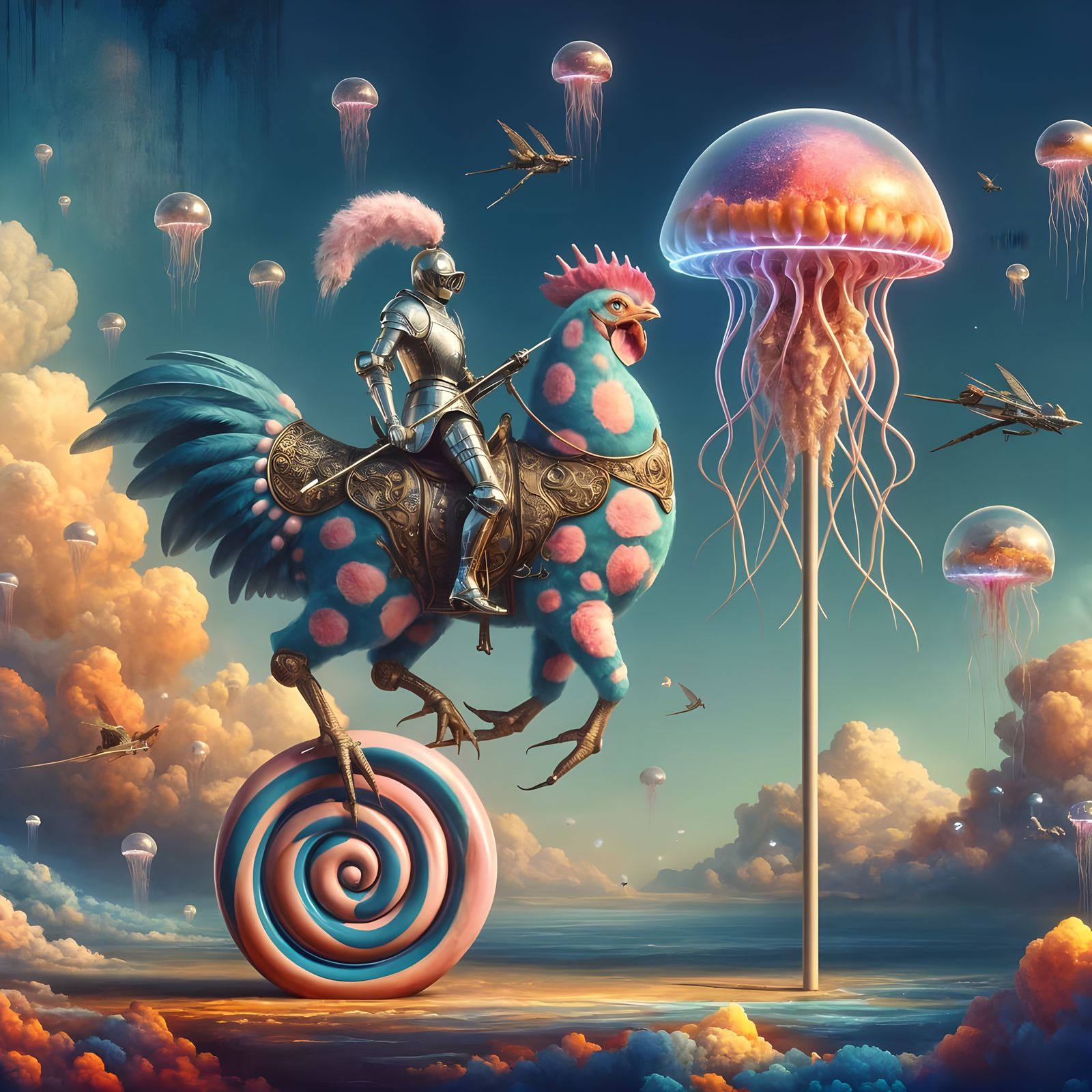 Steampunk Knight Rides Glowing Chicken Jellyfish
