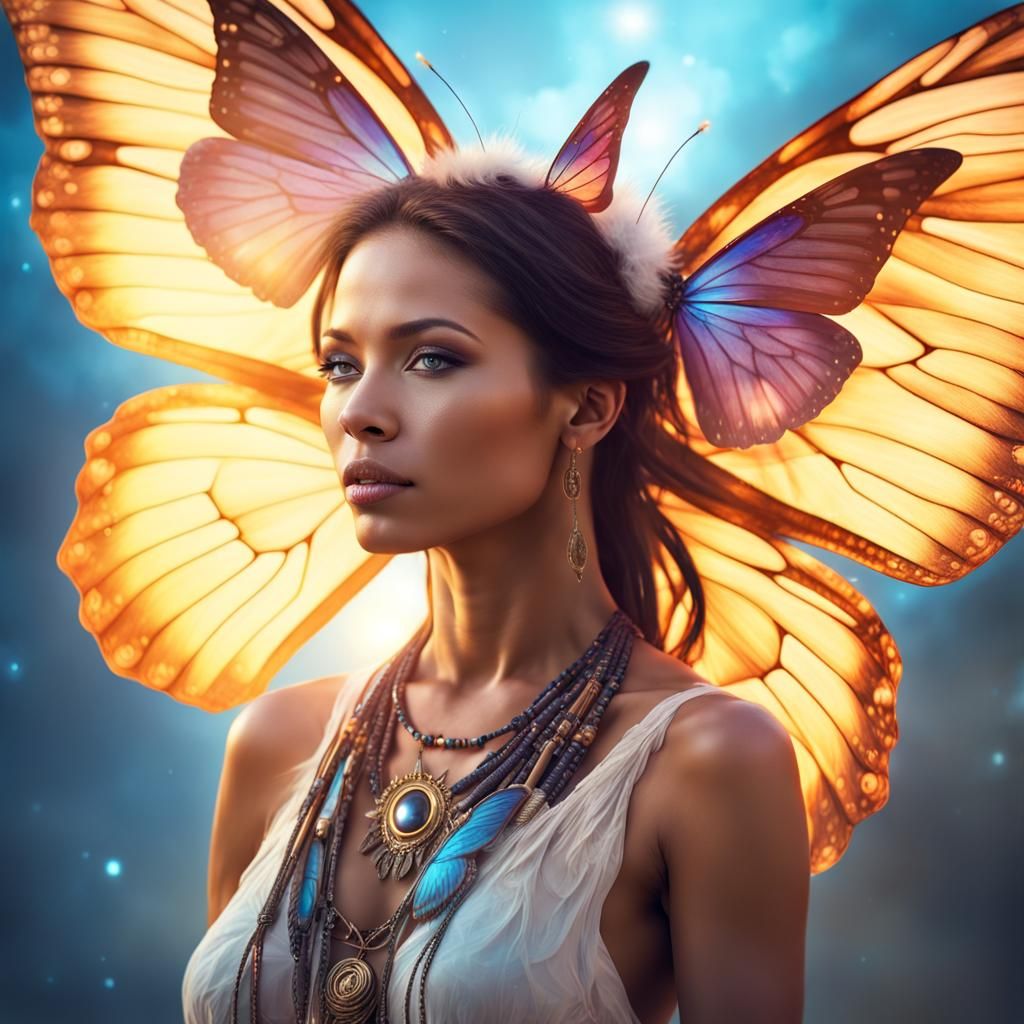 Radiant Butterfly-Winged Woman in Cosmic Portrait