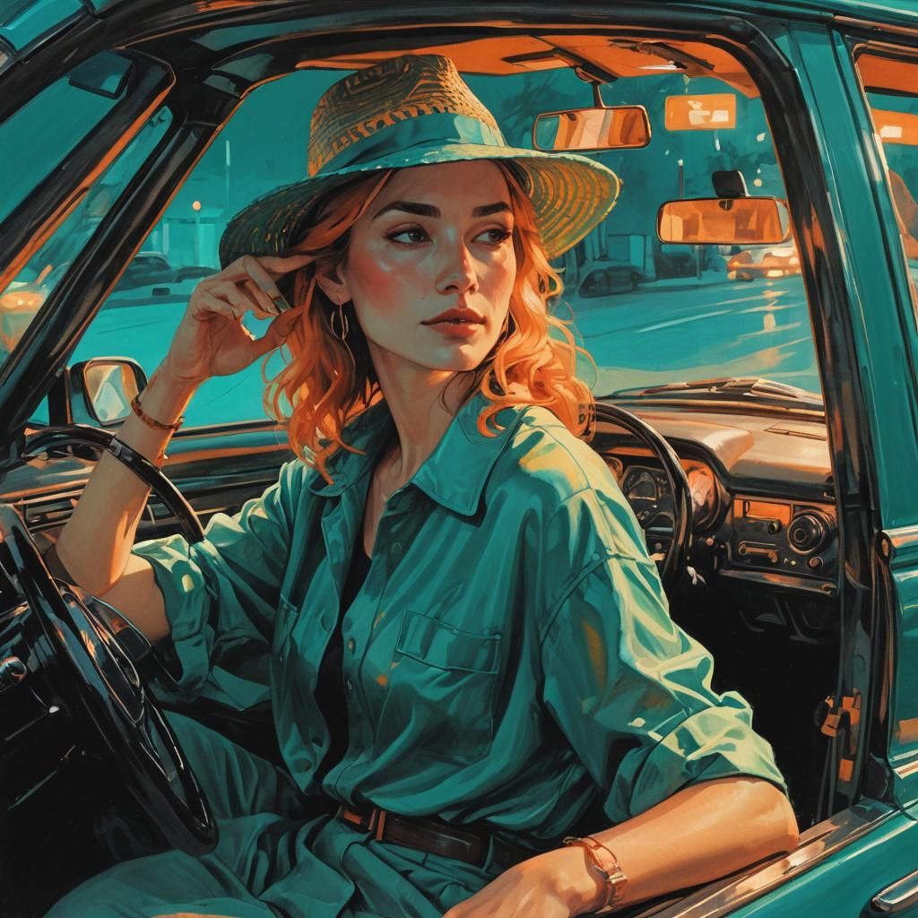 Woman in Car Bathed in Teal and Orange Light