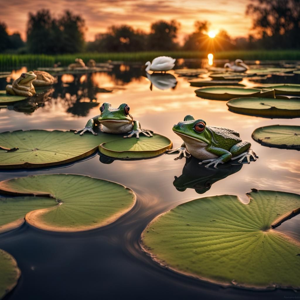 Hyperrealistic Sunset Pond Scene with Frogs and Swans