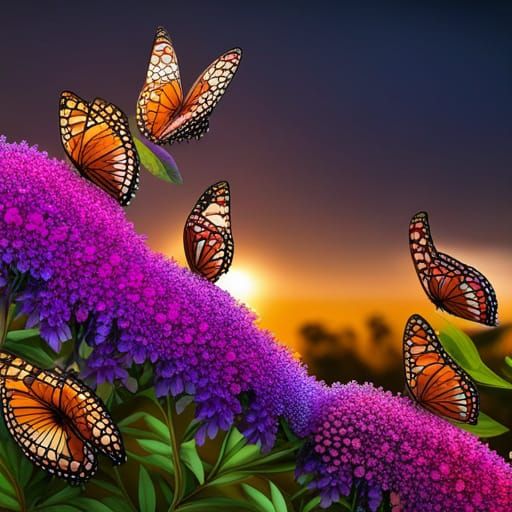 Butterfly Bushes and Butterflies at Golden Hour