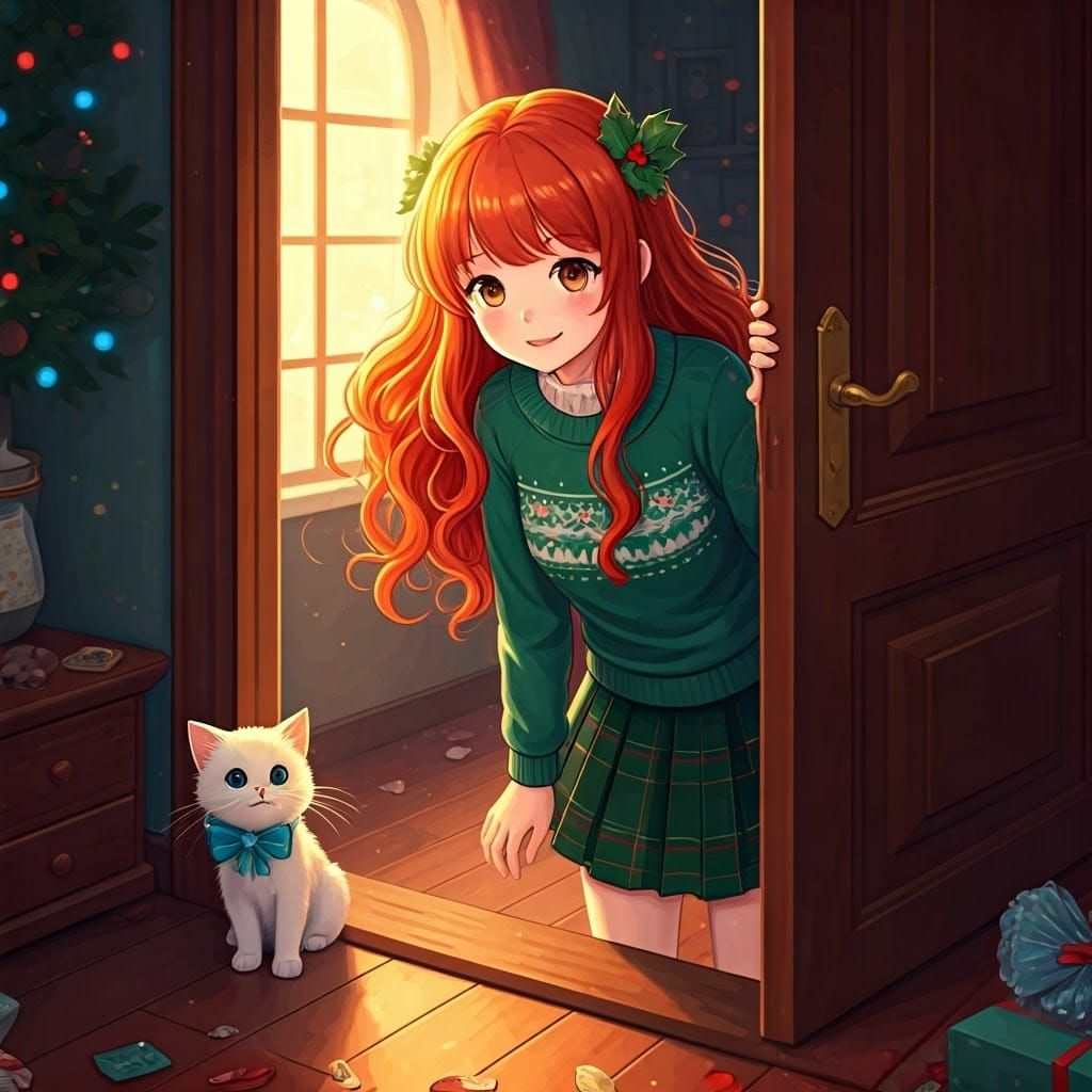 Whimsical Anime Girl Peeks into Cozy Bedroom with Christmas...