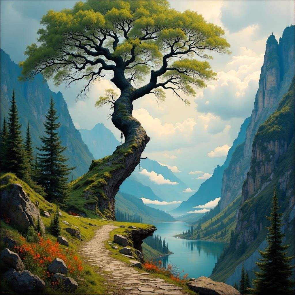 Dreamy Path Around Twisted Tree with Waterfalls