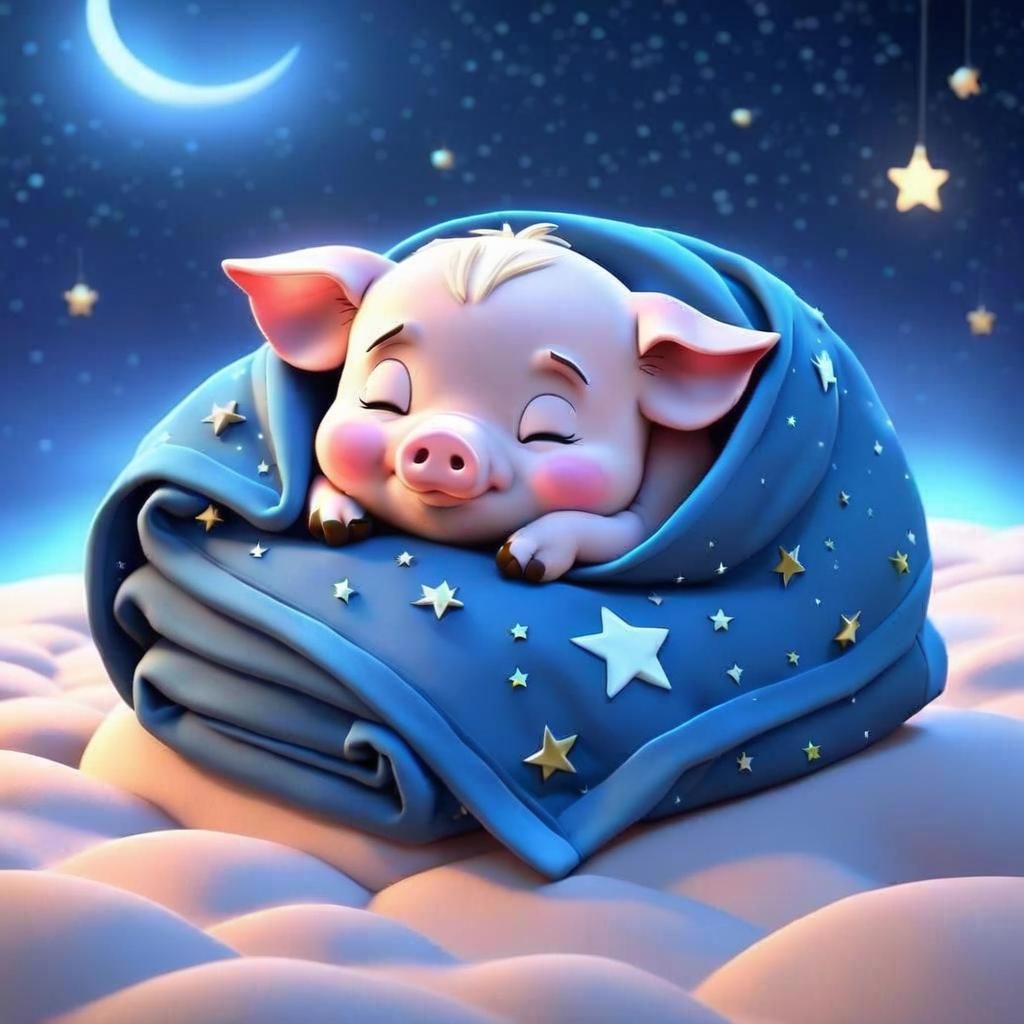 Chibi Piglet Sleeping Under Starry Night Sky