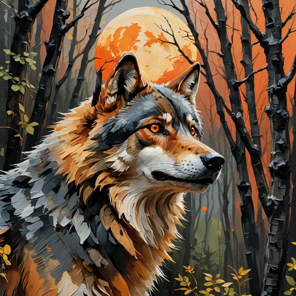Red-Eyed Wolf in Forest Under Orange Moon