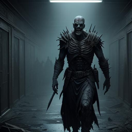 Zombie Teacher in Abandoned School Hallway