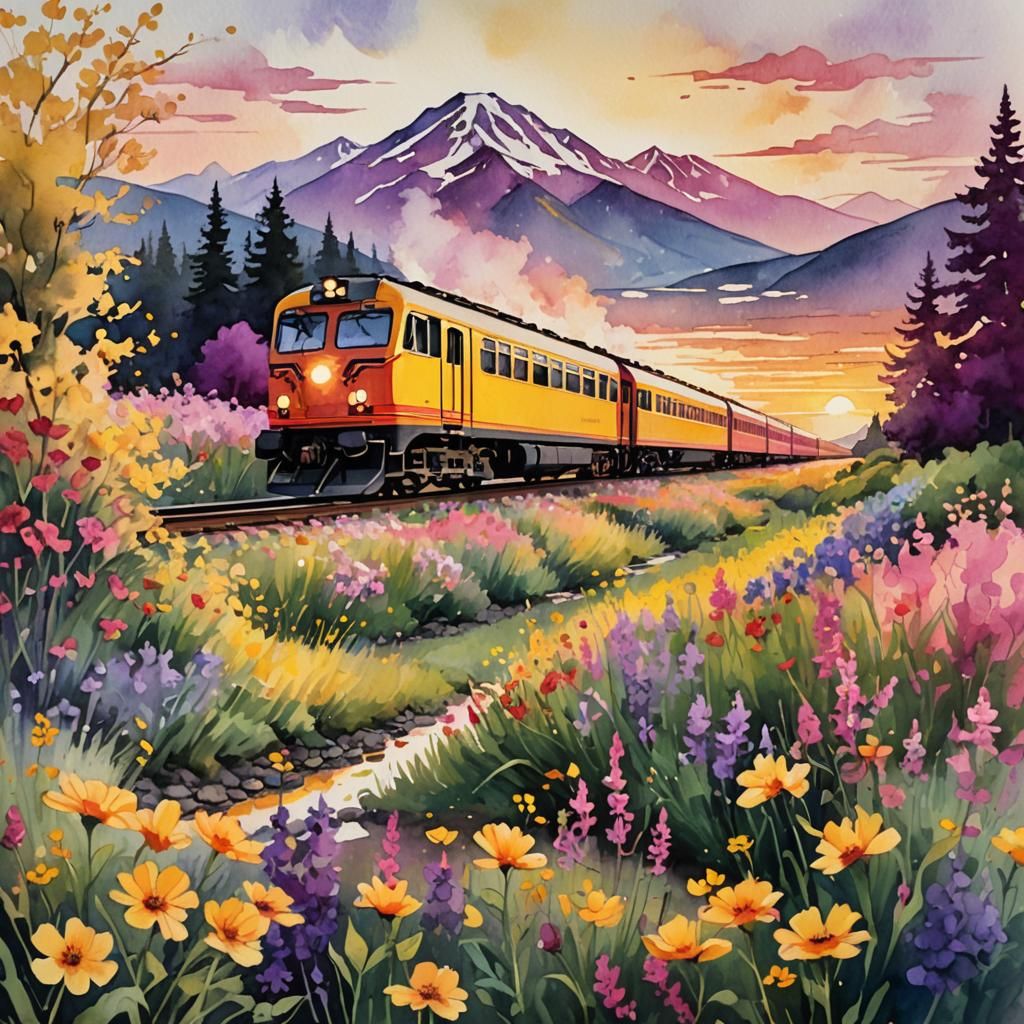 Train Through Flower Field: Watercolor and Ink Painting