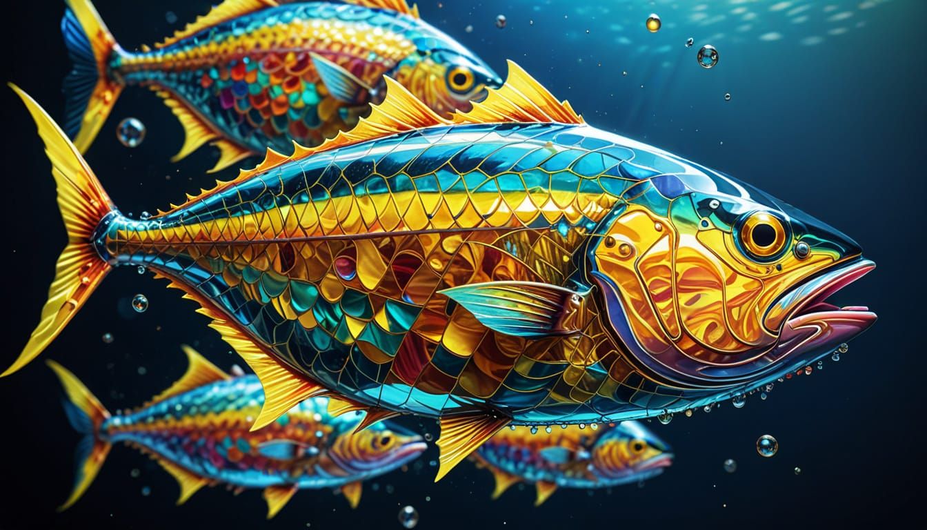 Glass Tuna School Shimmers in Iridescent Light