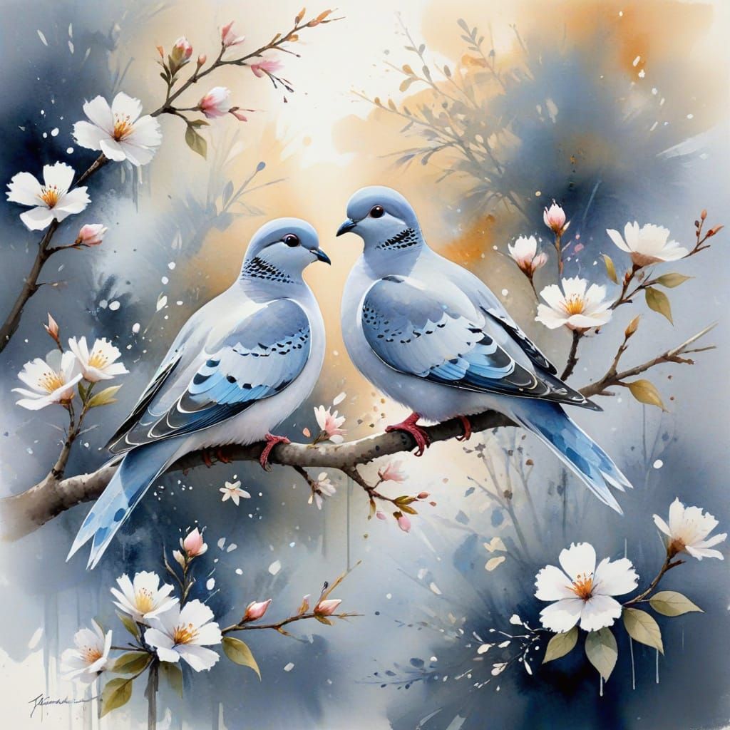 Pastel Turtle Doves in Impressionist Watercolour Painting